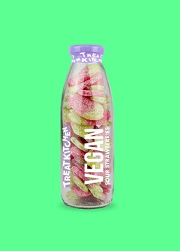 <ul>    <li>Bow down to the berry best vegan treat!</li>    <li>Giant sour strawberry sweets</li>    <li>400g of fizzy goodness</li>    <li>Great gift for big and little kids</li>    <li>Presented in a classic, reusable milk bottle</li></ul><p>Ooft, that classic strawberry scent hits you and it&rsquo;s like taking a time machine back in time! With just enough sweet and not too much sour, these chewy vegan gummy sweets were made with natural flavouring for everyone with a strawberry sweet tooth. They&rsquo;ll be just as tasty as you remember from your childhood but this time with a scrumptious vegan twist!</p><p>These stylish, novelty bottles make a unique gift for all ages and the perfect solution to throwing away packaging. With less than 1% packaging waste, feel smug that you're treating yourself to something delicious whilst helping the environment!&nbsp;</p><p><strong>Please be aware this product is packed in a facility that also handles cereals containing gluten, milk, mustard, celery, nuts, peanuts, soya, sesame and sulphites.</strong></p>